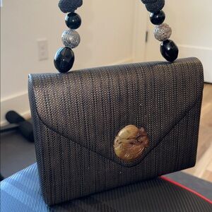 Vintage Rafael Sanchez Brown Crossbody W/Woven & Beaded Strap W/Carved Clasp